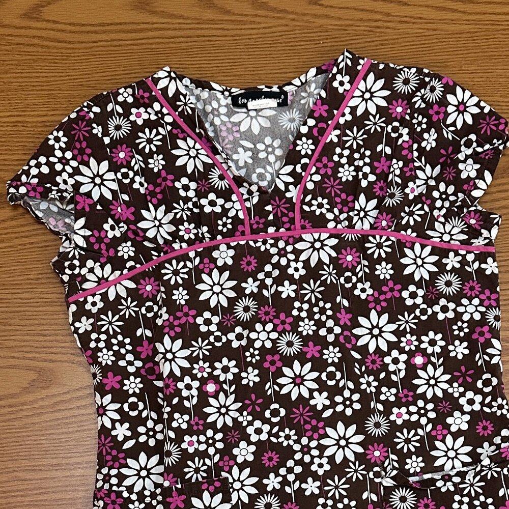 Floral V-Neck Scrub Top- Brown, Pink & White - Picture 2 of 3